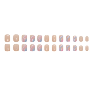 Short square press-on nails with minimalist pastel rainbow stripes on pink base