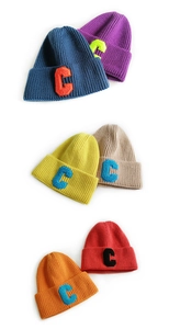 Close-up of knit texture and premium letter C embroidery on various colored beanies