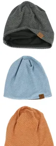 Detail of grid knit texture and leather brand patch on stylish beanies in three colors