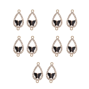 Close-up of 10 golden teardrop pendants with black butterflies and rhinestones