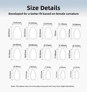 Size chart showing width and height for short almond press-on nails in 15 sizes