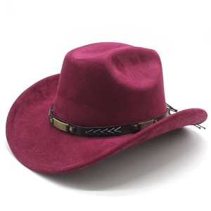Detail of burgundy faux suede cowboy hat with black studded band and blue zigzag stitching