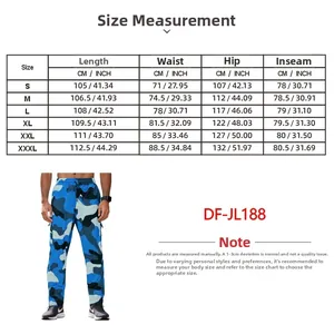 Detailed size measurement chart for camouflage cargo pants showing length, waist, and hip