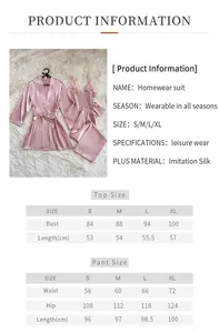 Tableau des tailles pour l'ensemble pyjama 3 pièces en imitation soie et ses dimensions