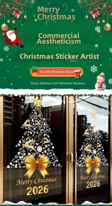 Goldener Weihnachtsbaum Fensteraufkleber mit Rentieren und Schneeflocken auf Glas