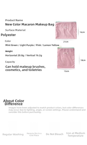 Detailed size chart and specifications for macaron polyester cosmetic bags with zippers