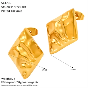 Detail of 18k gold plated 304 stainless steel earrings showing dimensions 17x24mm and texture