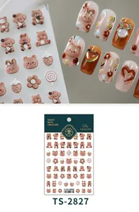 Close-up of 3D embossed nail stickers featuring cute brown bears and rabbits designs