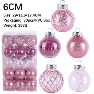 30-piece 6cm pink Christmas ball ornaments set in various styles for tree decoration