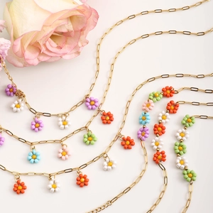 Handmade colorful flower beaded necklaces with stainless steel chains for summer vacation