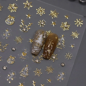 Christmas Nail Stickers Gold Foil Embossed Snowflake Reindeer Self Adhesive Nail Art Decals With Rhinestones
