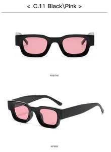 Macro view of retro square punk sunglasses in black frame and pink lenses from dual angles