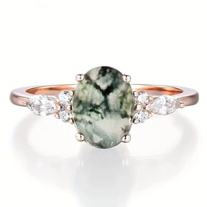 Vintage Rose Gold Plated Copper Ring Oval Imitation Moss Agate Marquise Cubic Zirconia Elegant Jewelry Women