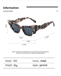 Irregular cat-eye sunglasses with tortoiseshell pattern and detailed size measurements