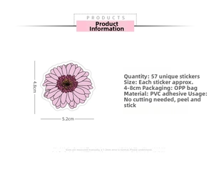 Detailed size chart for 57pcs pink daisy PVC stickers showing dimensions of 4-8cm