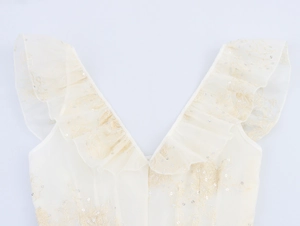 Détail d'un col en V élégant avec volants et paillettes sur une robe brodée blanc cassé