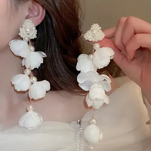 Elegant Long Tassel Drop Earrings With Fabric Flower And Artificial Pearl 925 Sterling Silver Earring Post French Style For Women