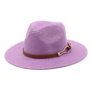 Purple wide brim straw Panama sun hat with brown leather band and gold buckle