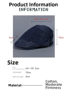 Size chart showing denim flat cap dimensions: 54-59.5cm circumference and 10cm depth