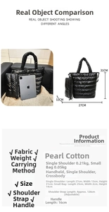 Detailed dimensions of black puffer bag and coin purse with glossy quilted finish