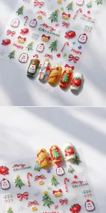 Macro detail of 3D embossed Christmas nail stickers featuring snowflakes and cute bears