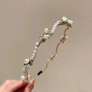 French Retro Lily Of The Valley Artificial Pearl Headband For Women Elegant Forest Style Enamel Flower Metal Hair Band Wedding Decor