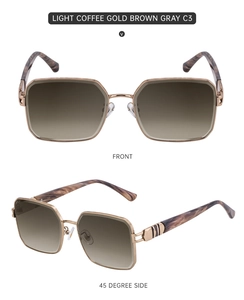 Front and side views of square frame sunglasses in coffee gold with gradient lenses