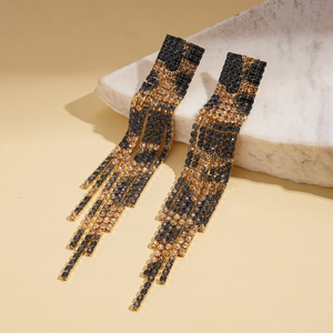 Elegant rectangle leopard print rhinestone fringe drop earrings in gold setting