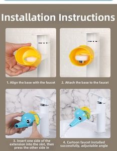 Four-step installation guide for cute blue elephant cartoon faucet extender for kids