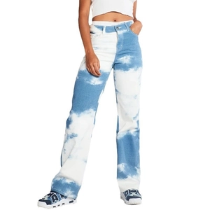 Women High Waist Straight Leg Jeans Cloud Print Tie Dye Denim Long Trousers Casual Streetwear Fashion