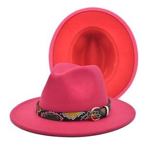 Two-tone wool fedora hat in rose pink and red with a stylish snakeskin buckle belt