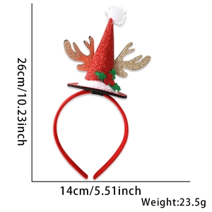 Detailed view of red Christmas hat headband with gold antlers and size dimensions
