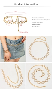 Detail view of gold geometric metal waist chain showing oval rings and polished finish