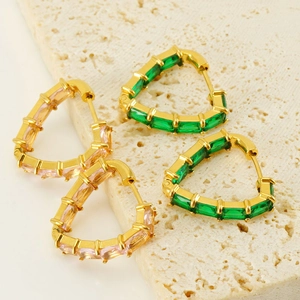 Hinged 18K gold plated heart earrings with baguette cut green and pink stones