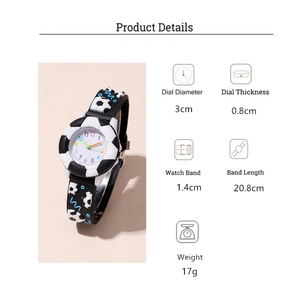 Detaillierte Größenparameter der Fußball-Kinderuhr mit 3D-Cartoon-Armband