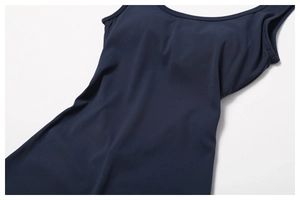 Detail of navy blue workout top with built-in chest pads and high-elastic fabric