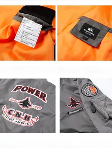 Detailed embroidery and inner lining view of a black American style flight jacket