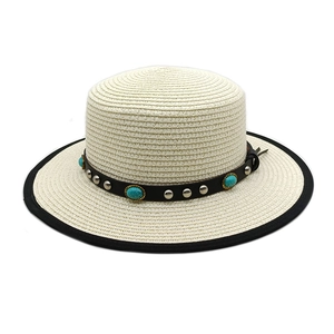 Flat top straw boater hat with turquoise leather band and black trim for beach sun protection