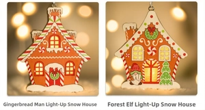 Close-up of LED glowing gingerbread house and gnome wooden Christmas tree ornaments