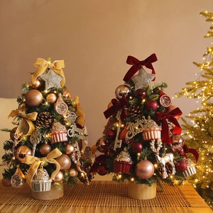 Mini Christmas Tree DIY Desktop Decoration Warm LED Lights Velvet Bows Pine Cones Ornaments Wooden Base Holiday Party Decor