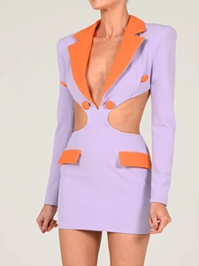 Detail of V-neck hollow out blazer dress in purple and orange color block design