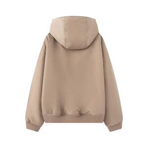 Back view of khaki oversized bomber jacket featuring a hood and ribbed cuffs