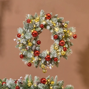 40cm pre-lit Christmas wreath with pine needles, cones and red gold ornaments