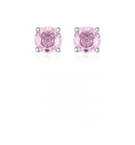 Detailed view of pink rose cut zircon earrings in classic 925 silver four-prong setting