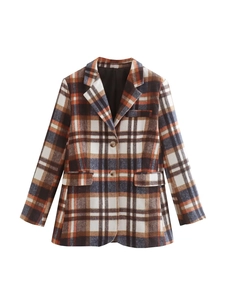 Detailed texture of thick woven plaid blazer with notched lapel and flap pockets