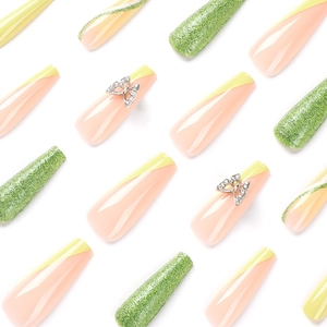 Long trapezoid French green glitter press-on nails with 3D rhinestone butterfly