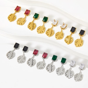Monstera Leaf Dangle Earrings Stainless Steel Rectangular Zircon Tropical Geometric Nature Jewelry For Women