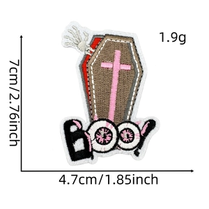 Pink Halloween BOO! embroidered patch with coffin and skull hand, size 7x4.7cm