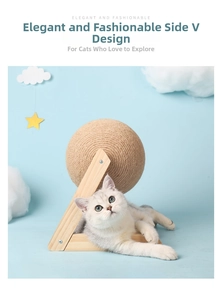 Close-up of durable sisal cat scratcher ball with stable V-shaped wooden frame support