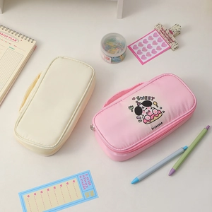 Large capacity canvas pencil pouch with cute cartoon dogs in cream and pink colors